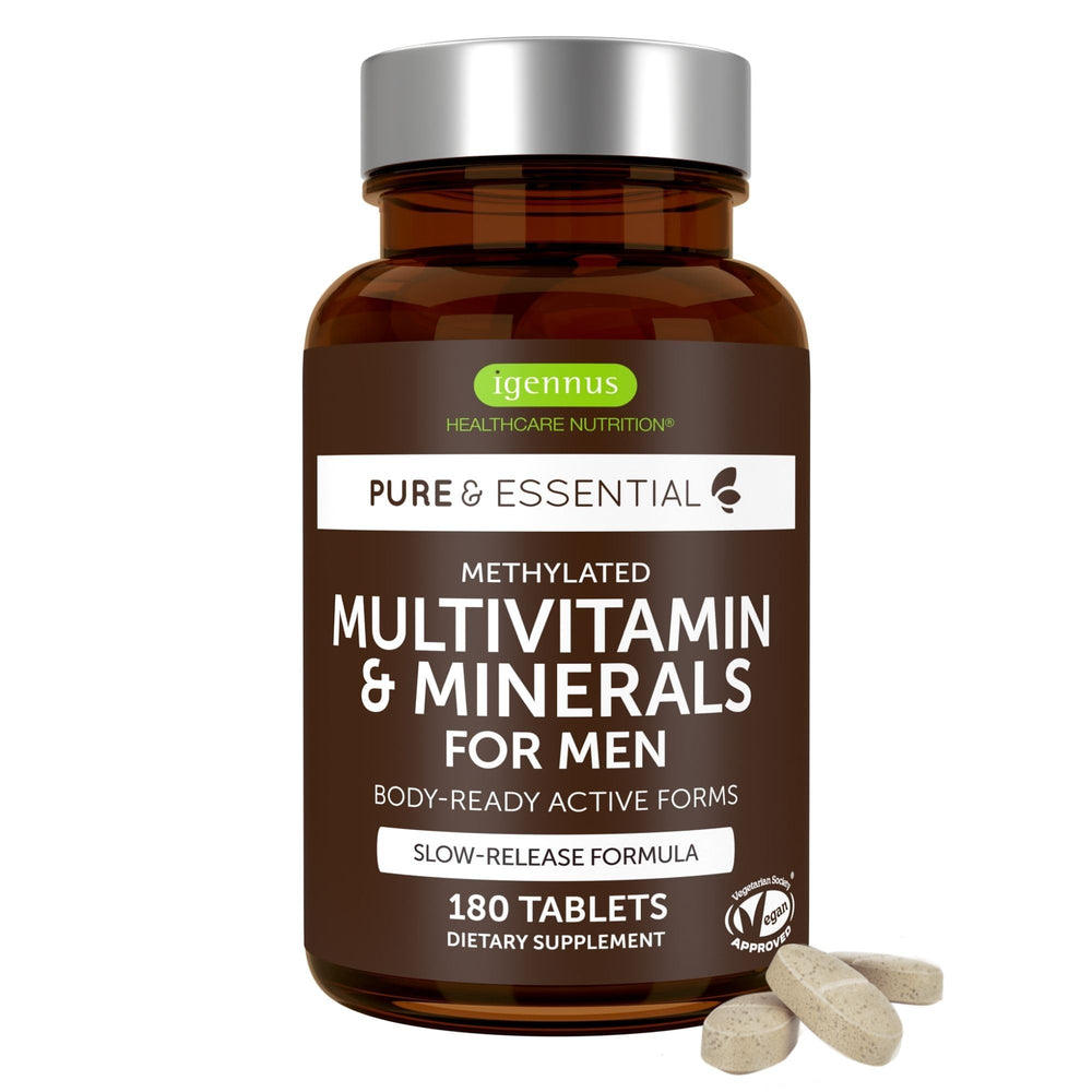 Igennus Methylated Men's Multivitamin bottle front view for daily nutrition.