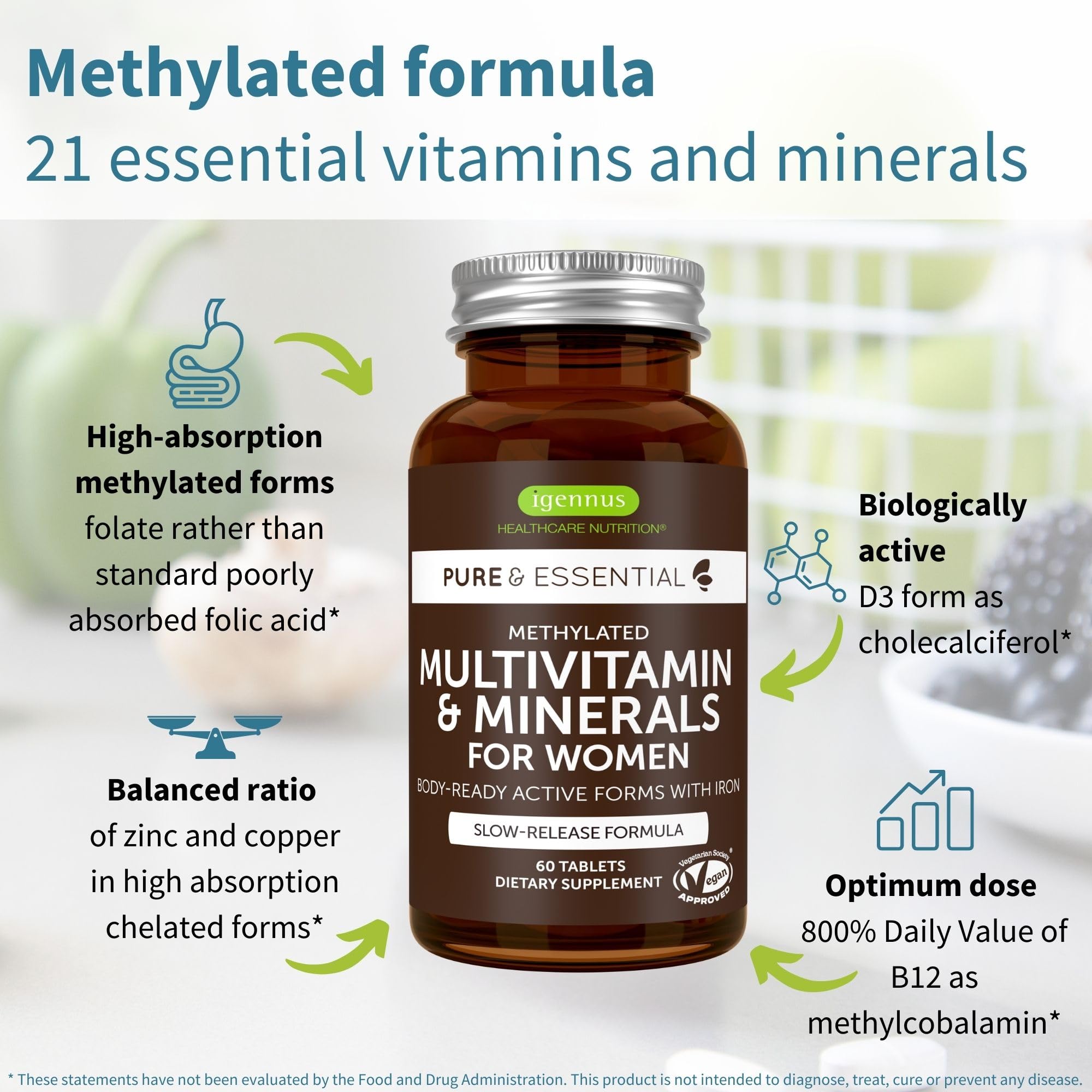 Igennus Methylated Multivitamin bottle label close-up showing methylfolate and methylcobalamin.
