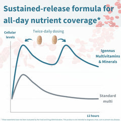 Igennus Methylated Multivitamin slow-release graphic illustrating steady nutrient release.