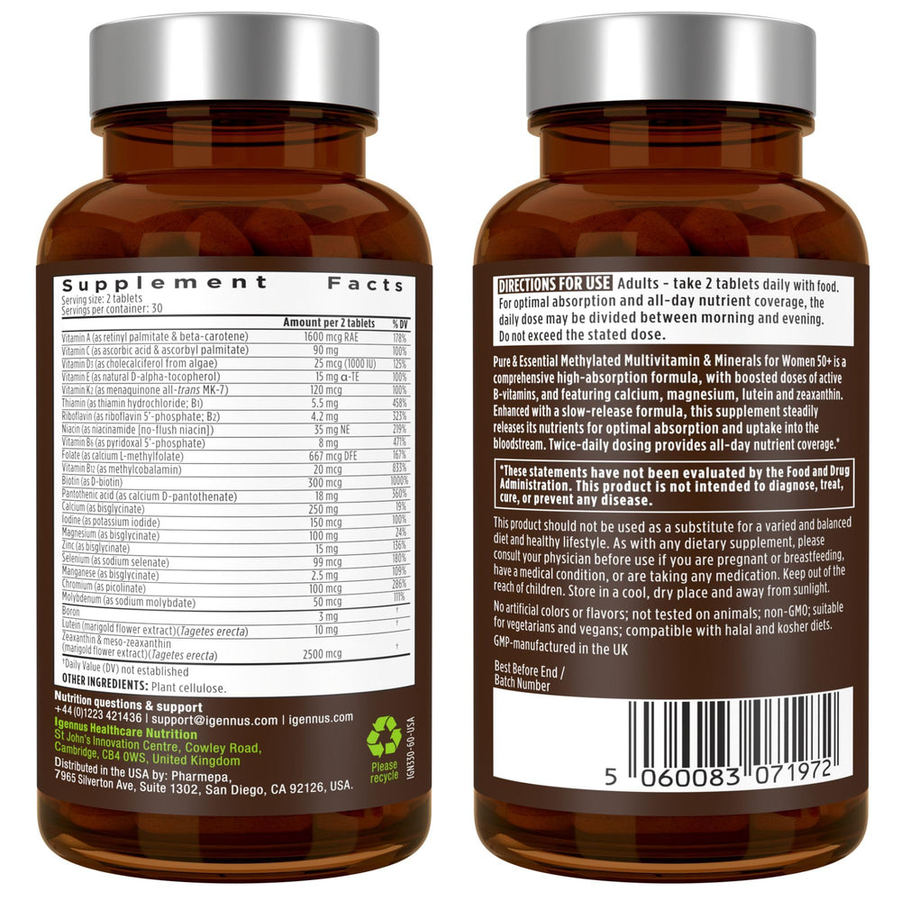 Igennus Methylated Women's 50+ Multivitamin is iron-free and copper-free.