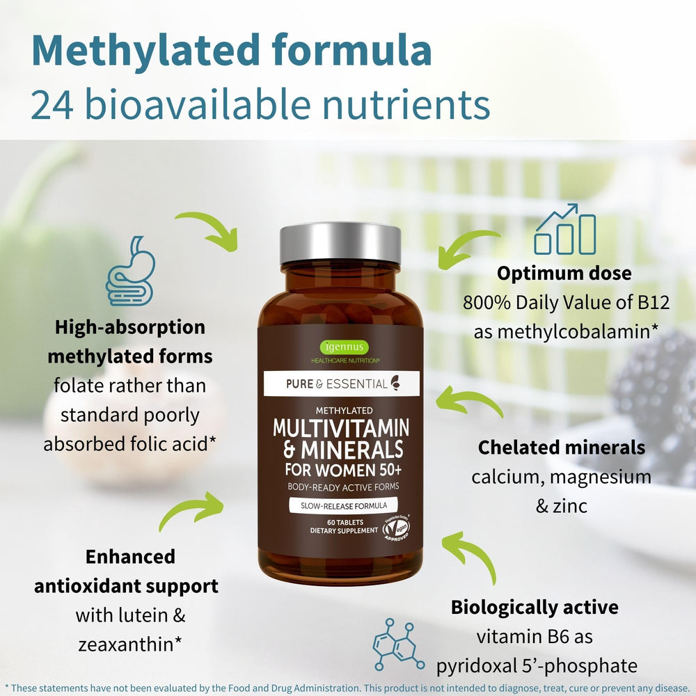 Igennus Methylated Women's 50+ Multivitamin label close-up shows vegan, hypoallergenic formula.