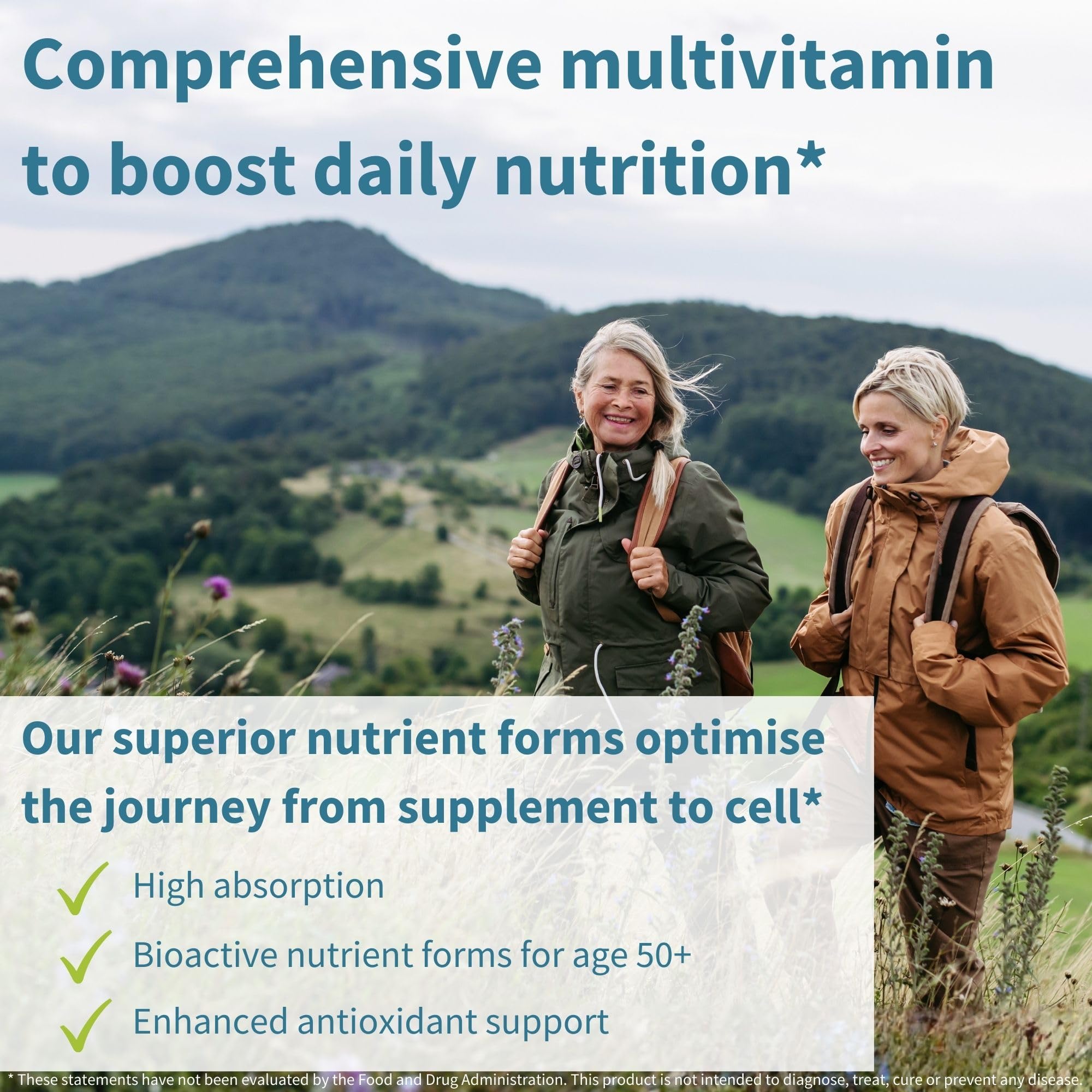Igennus Methylated Women's 50+ Multivitamin tablets beside water for easy daily intake.
