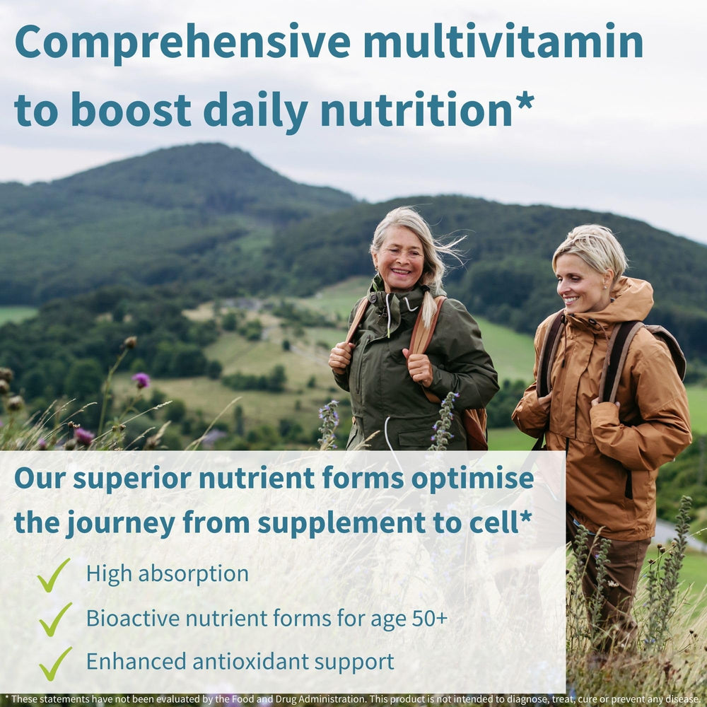 Igennus Methylated Women's 50+ Multivitamin tablets beside water for easy daily intake.