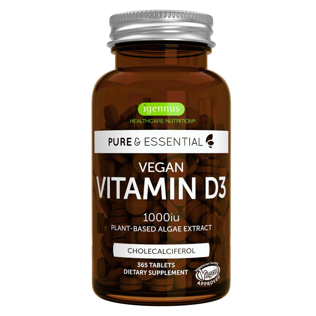 Igennus Vitamin D3 1000IU bottle front shows vegan, year-long support for immunity and bones.