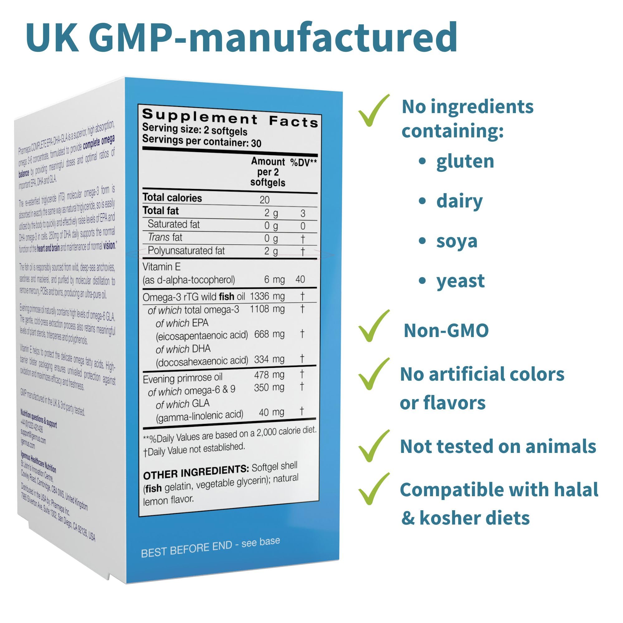 Igennus Pharmepa Complete label detail lists EPA/DHA and GLA content for informed choice.