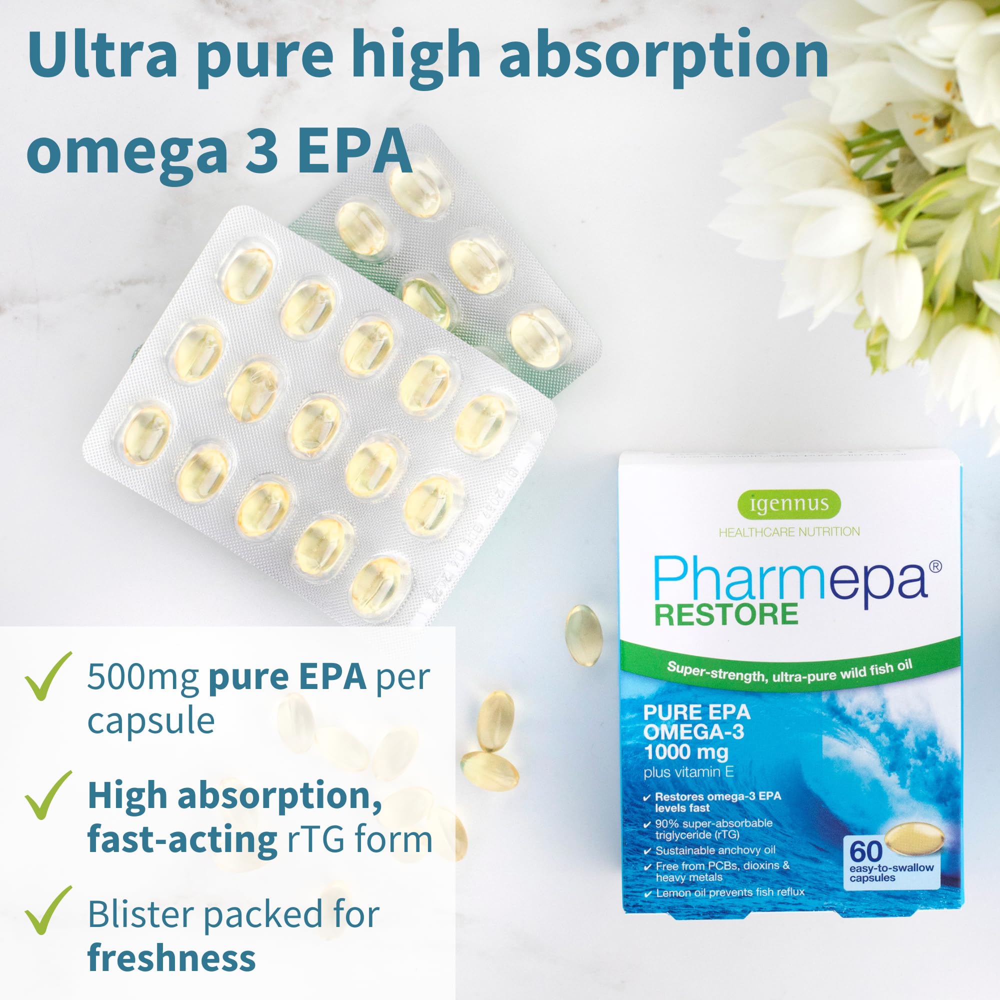 Igennus Pharmepa Restore softgels up close highlighting ultra-pure omega-3