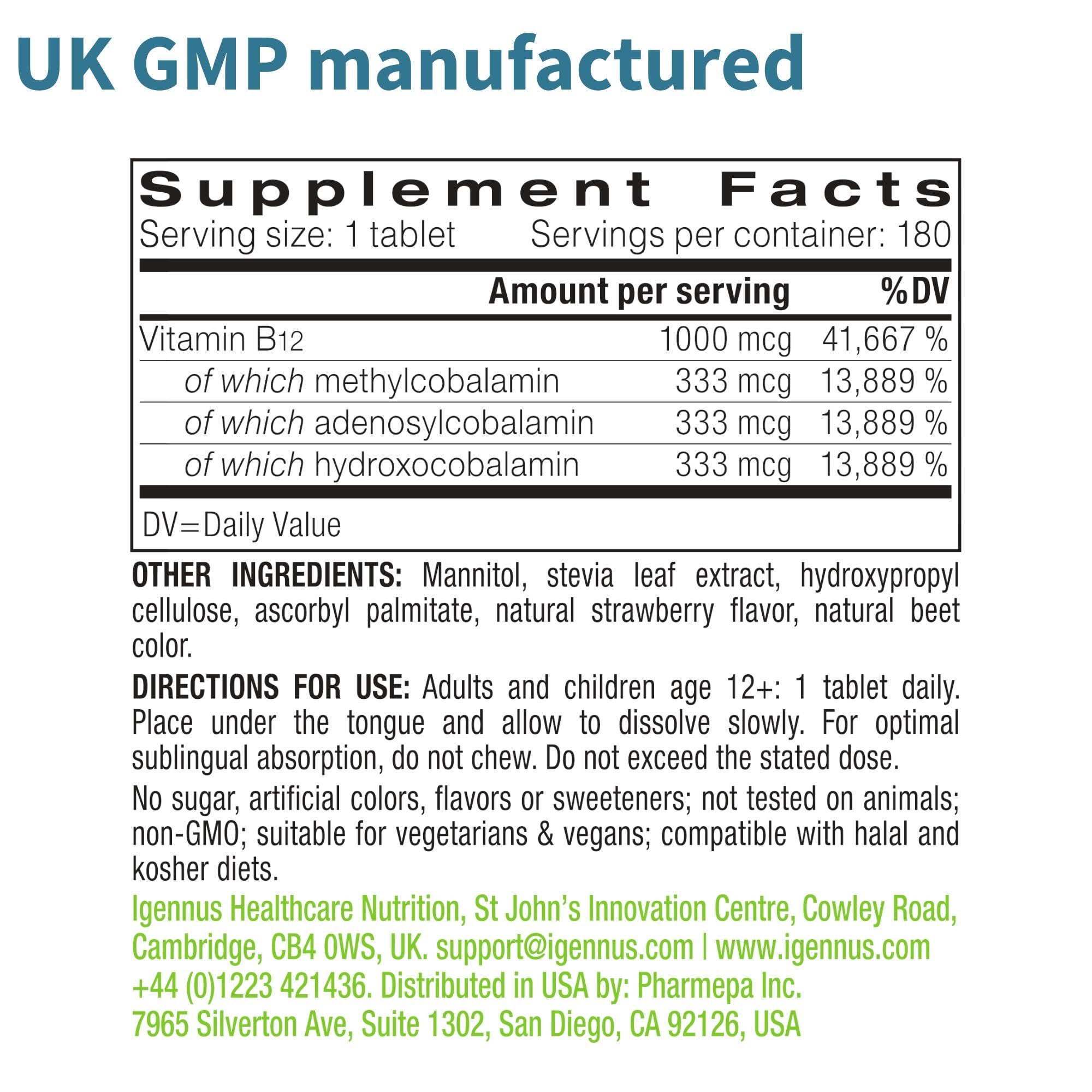 Igennus Sublingual B12 Complex ingredients panel highlighting vegan, non-GMO formula.