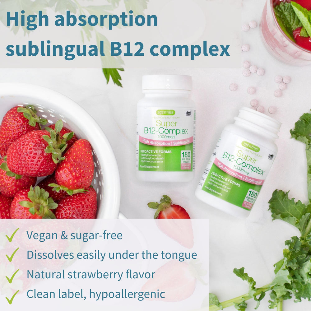 Igennus Sublingual B12 Complex tablets close-up, tiny and fast-dissolving under tongue.
