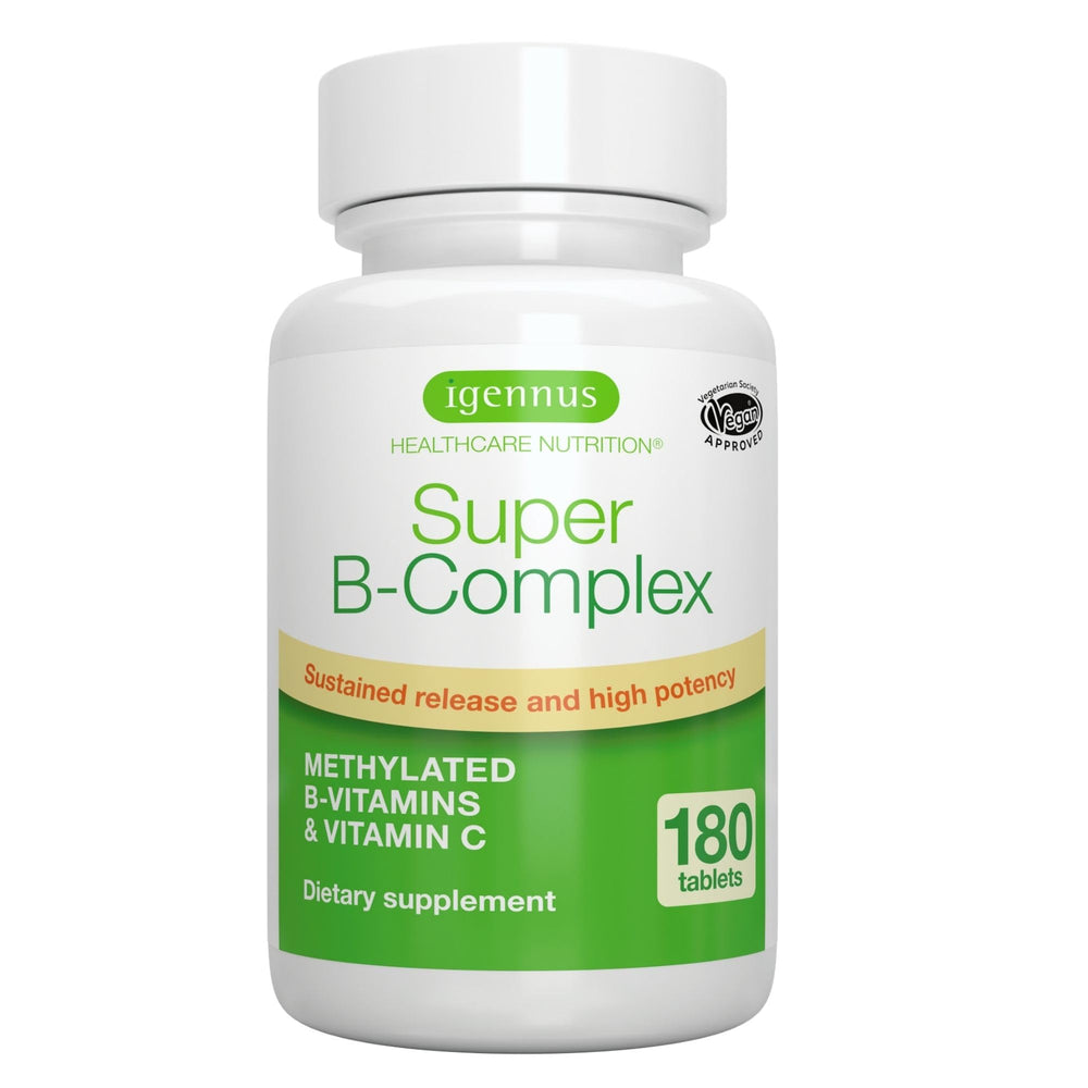 Igennus Super B-Complex bottle front view with small tablets for easy daily use.