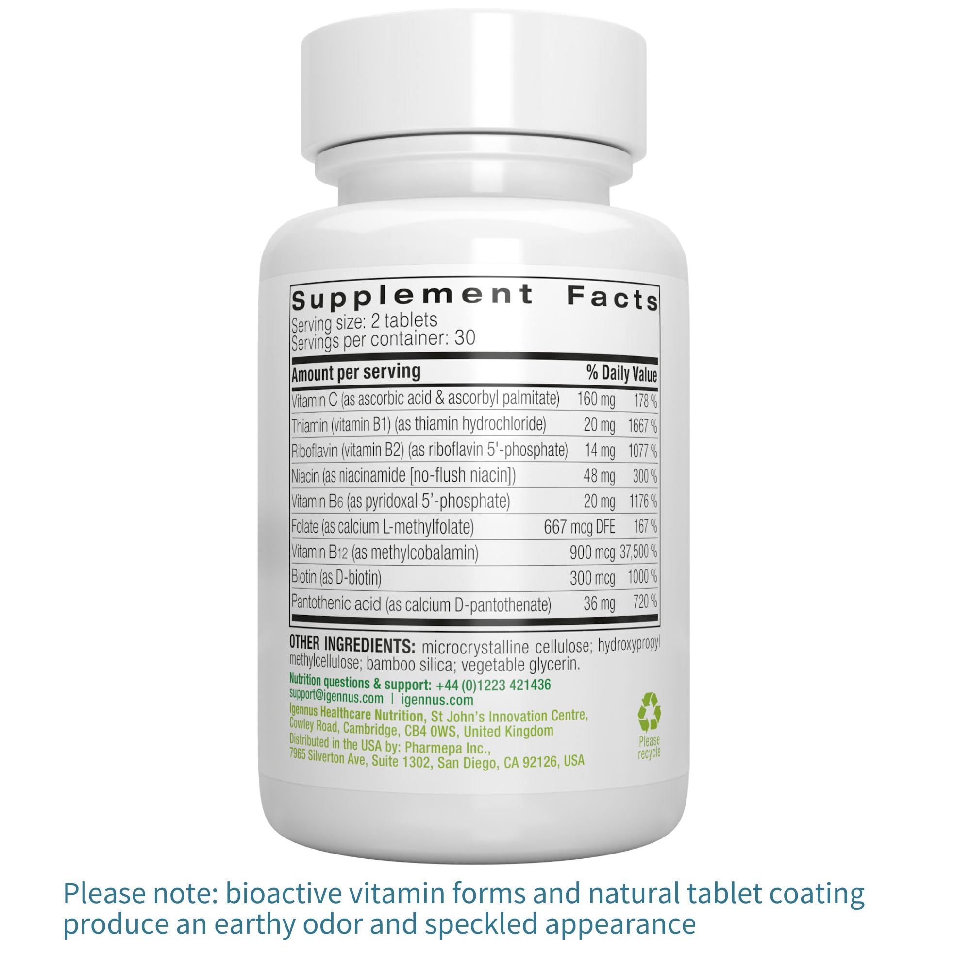 Igennus Super B-Complex label-closeup emphasizes methylated B vitamins
