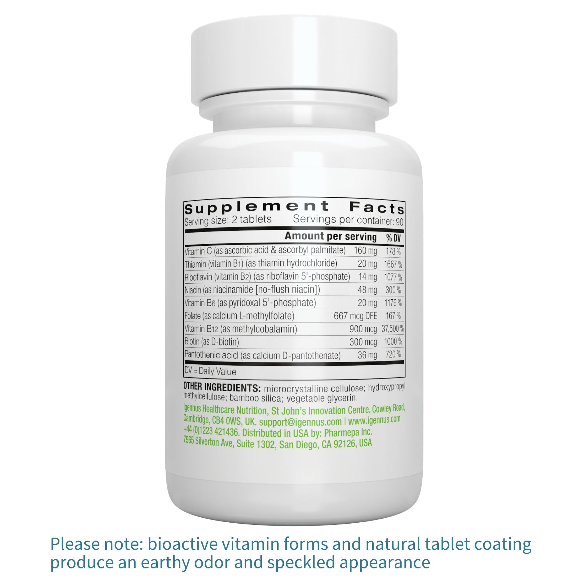 Igennus Super B-Complex vegan, non-GMO ingredients highlight purity.