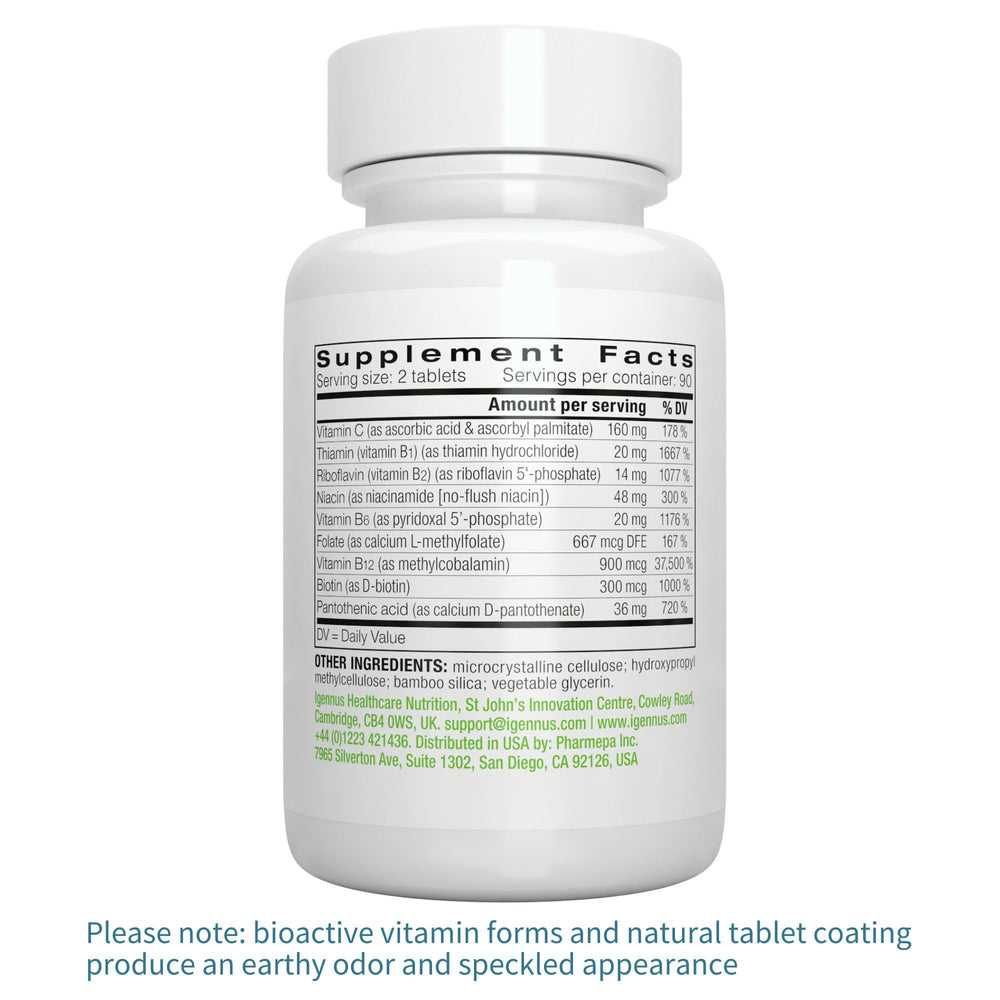 Igennus Super B-Complex vegan, non-GMO ingredients highlight purity.
