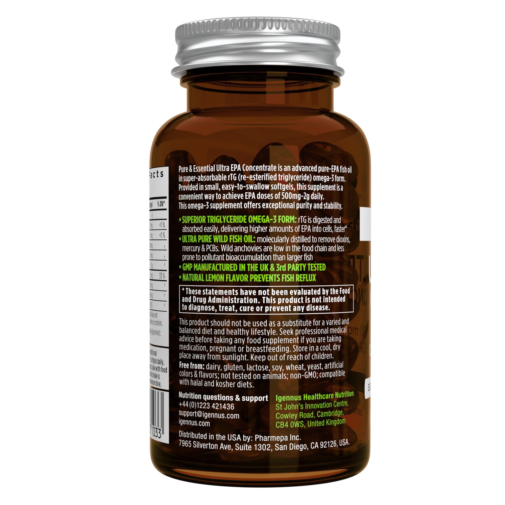Igennus Omega-3 bottle label with essential fatty acids per serving