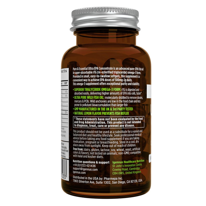 Igennus Omega-3 bottle label with essential fatty acids per serving