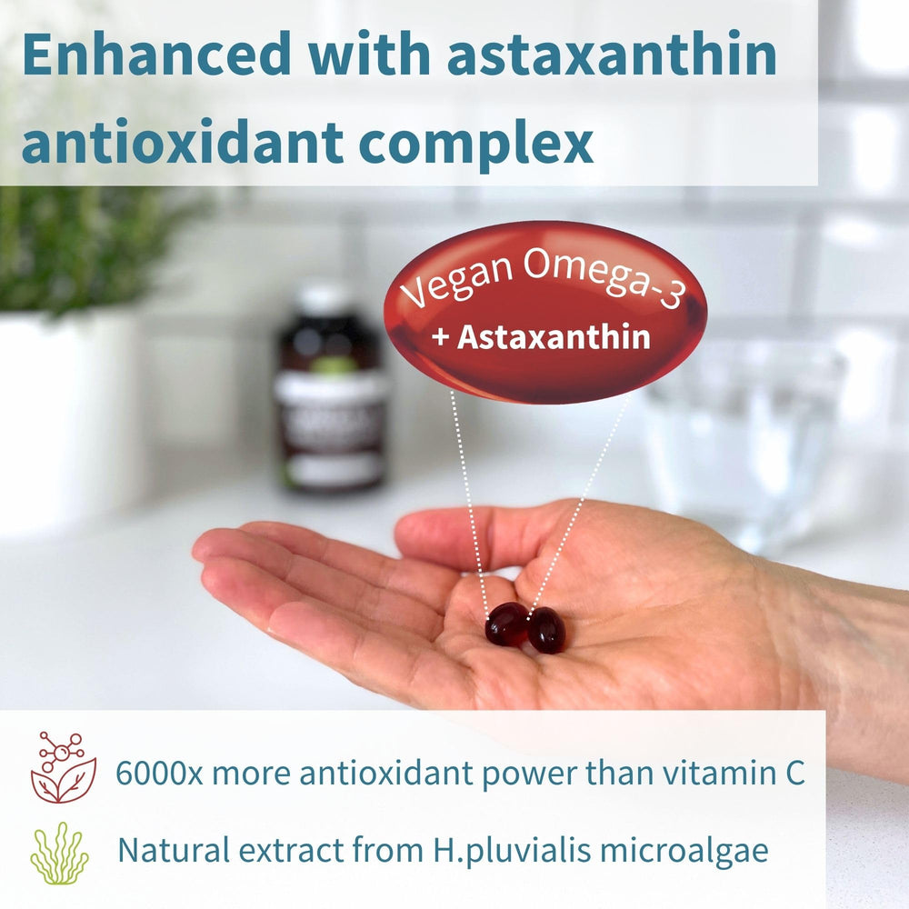 Igennus Vegan Omega-3 algae oil with astaxanthin highlights antioxidant support.