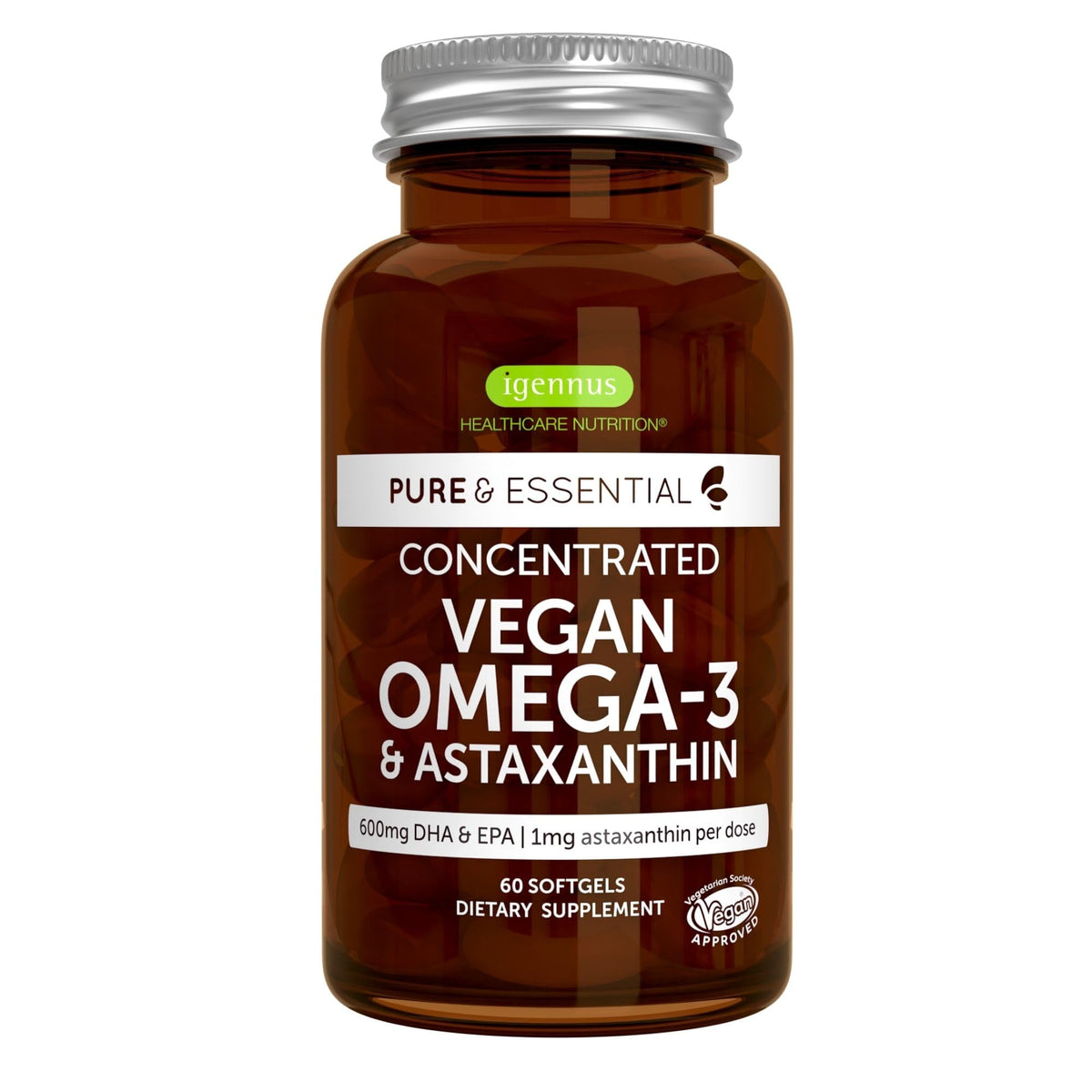 Igennus Vegan Omega-3 algae oil bottle shows balanced DHA and EPA intake.