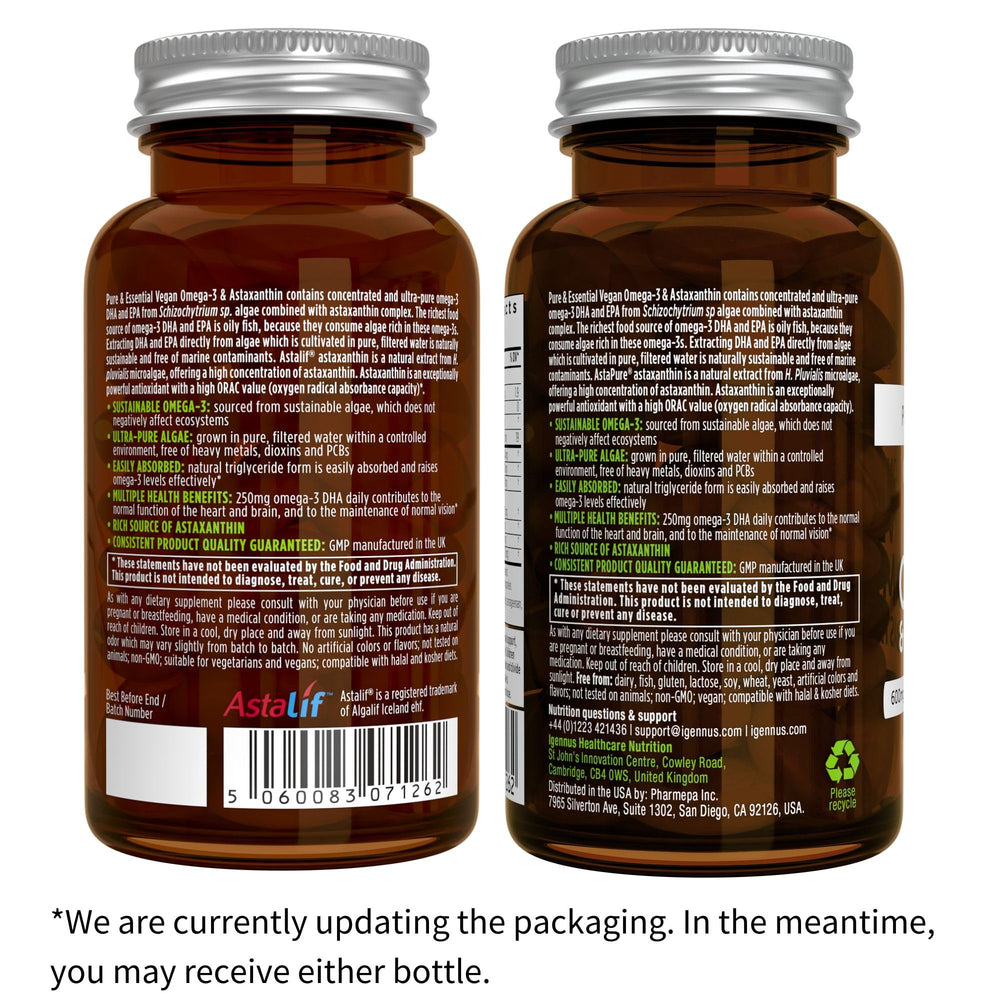 Igennus Vegan Omega-3 algae oil sustainability symbol on packaging.