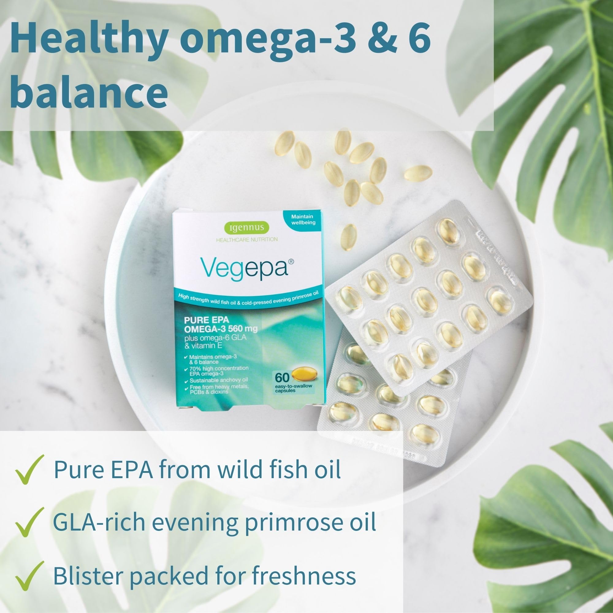 Close-up of Vegepa softgels highlighting small, easy-to-swallow design for daily use