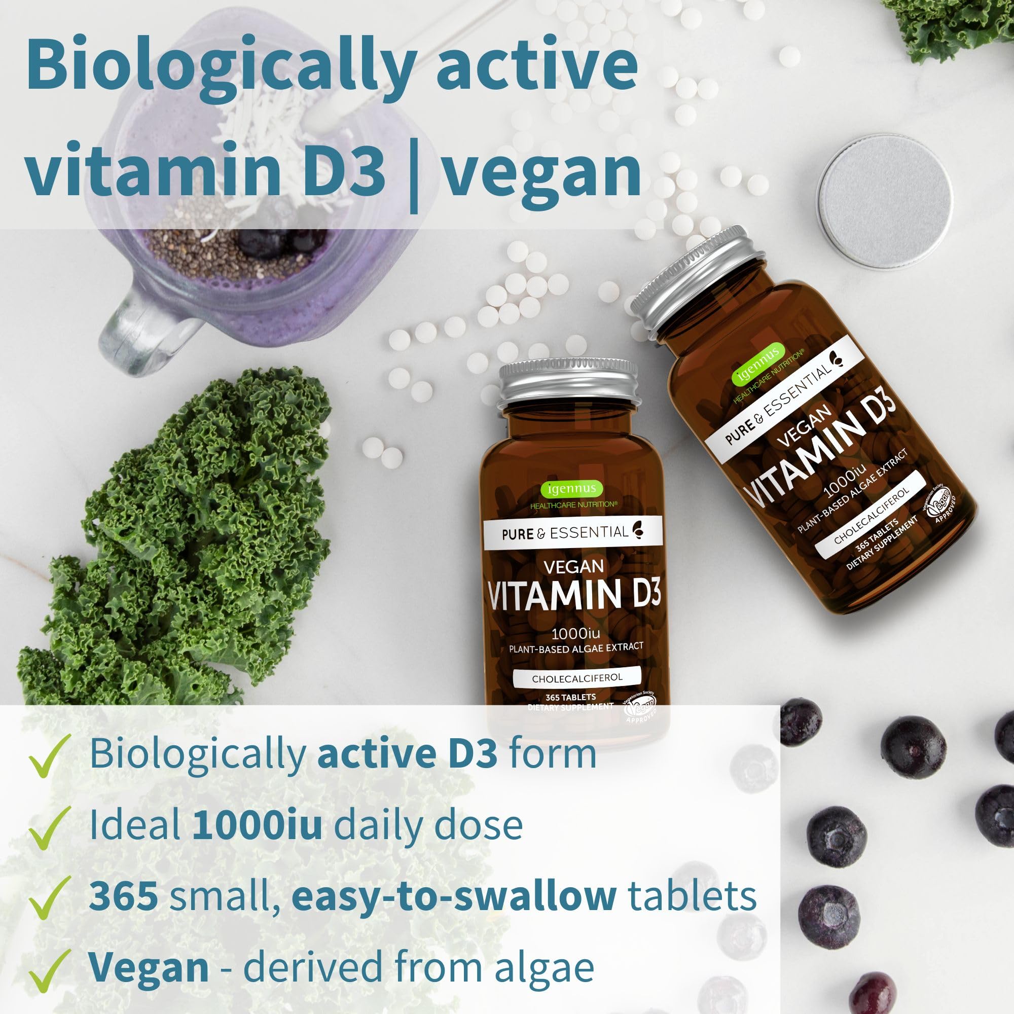 Igennus Vitamin D3 1000IU label detail highlights clean, non-GMO credentials.