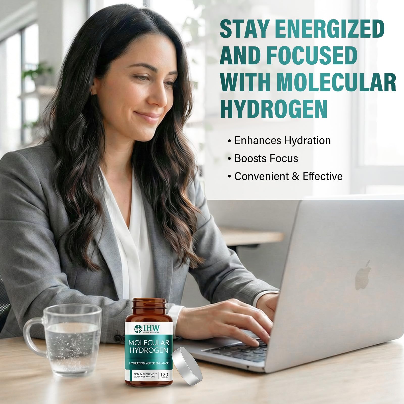 IHW hydrogen water tablets in clear water illustrate refreshing taste and clarity.