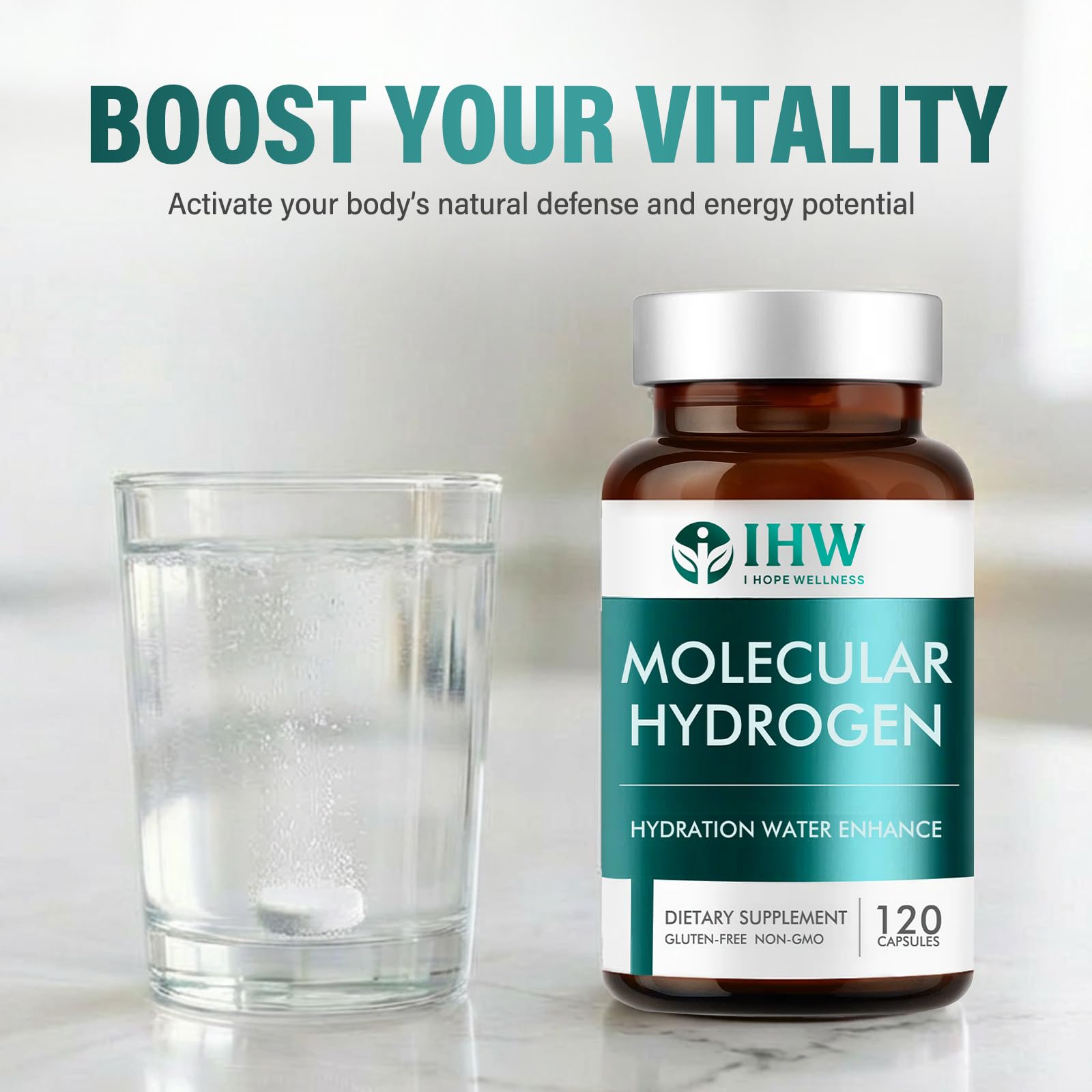 IHW hydrogen water tablets in travel bottle illustrate on-the-go format.