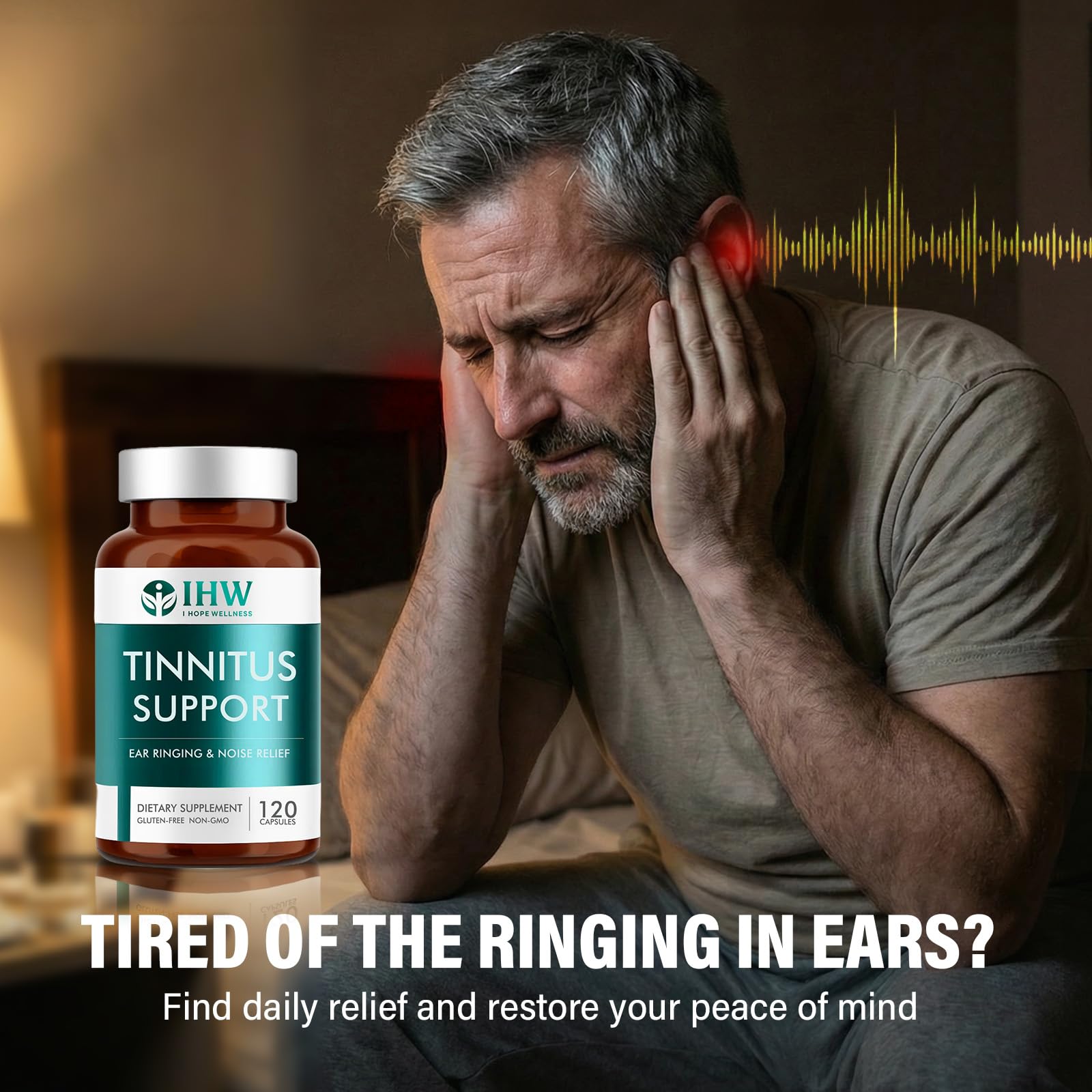 IHW Tinnitus Relief capsules closeup reveals non-GMO, gluten-free formula.