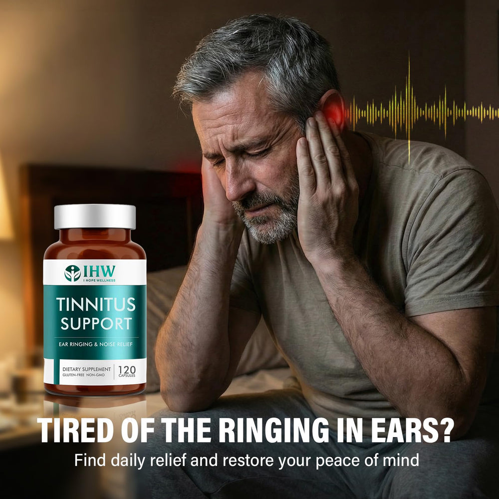IHW Tinnitus Relief capsules closeup reveals non-GMO, gluten-free formula.