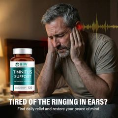 IHW Tinnitus Relief capsules closeup reveals non-GMO, gluten-free formula.