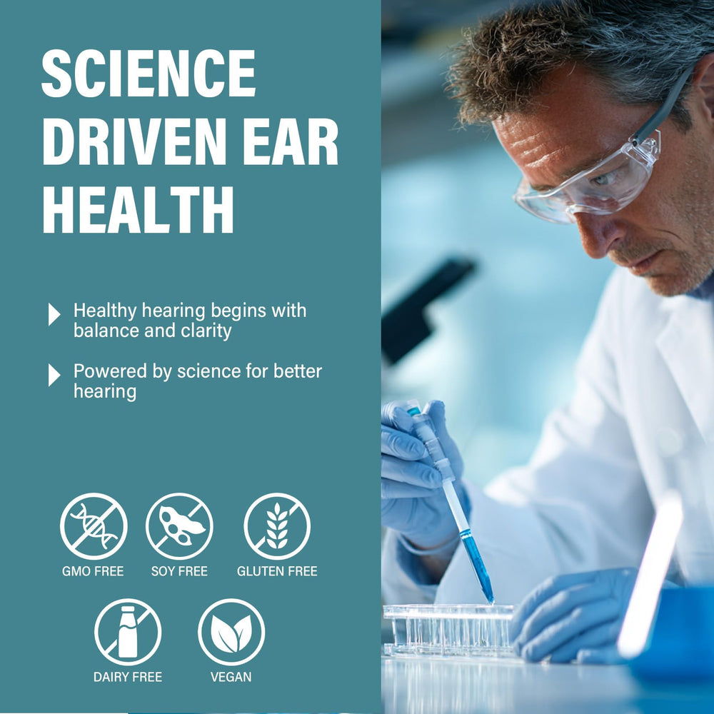 IHW Tinnitus Relief desk scene suggests convenient daily supplement routine.