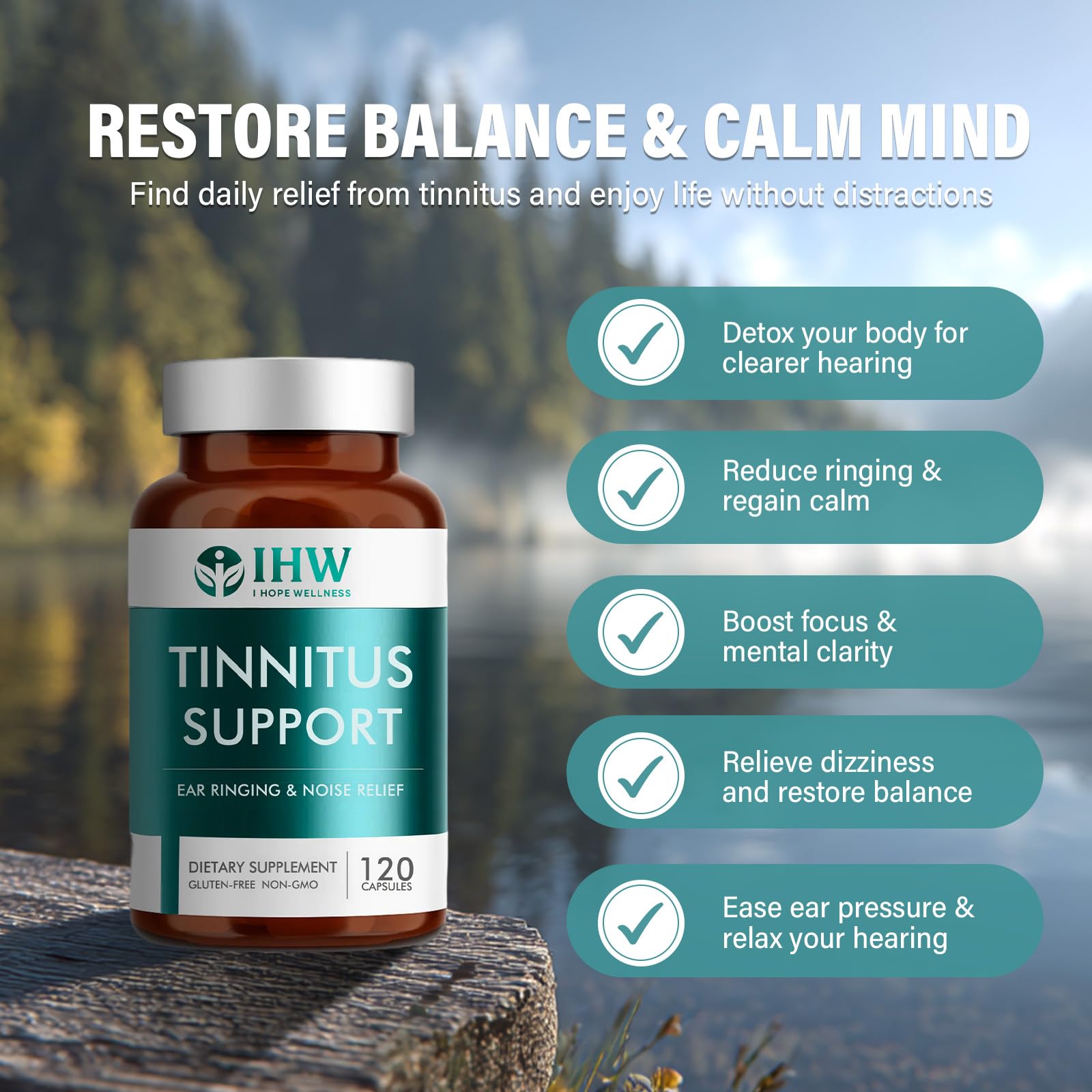IHW Tinnitus Relief dosage card displays two-capsule daily plan.