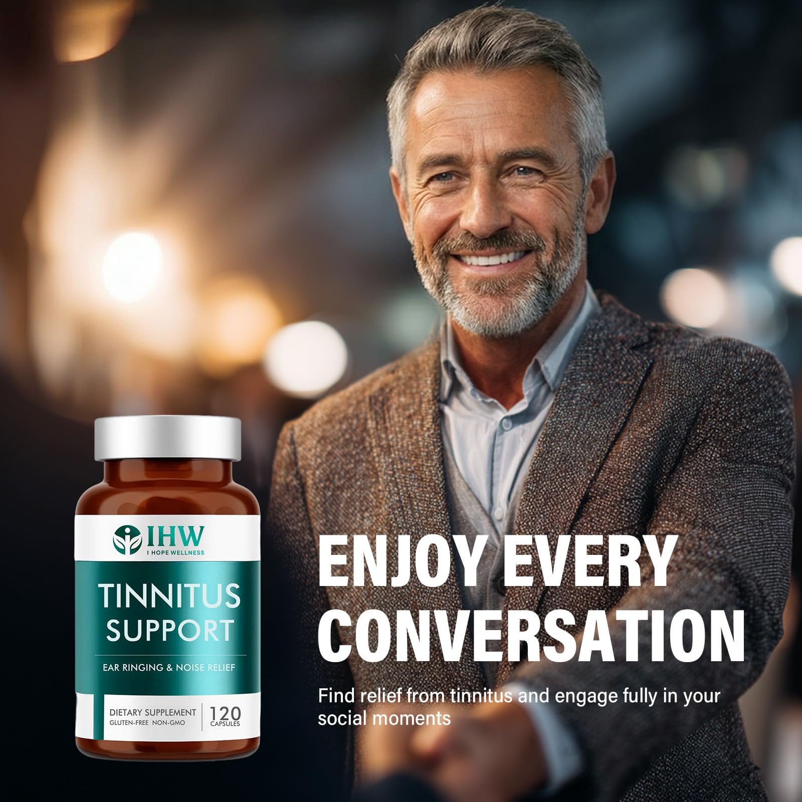 IHW Tinnitus Relief ingredients panel notes vitamins for ear nerves.