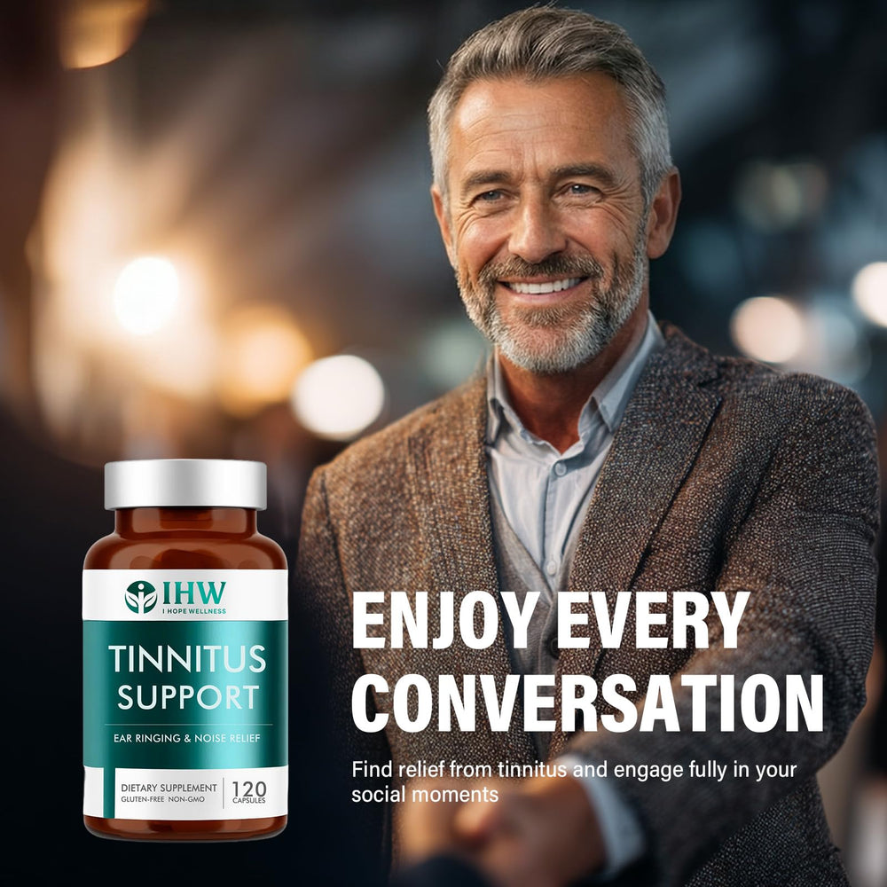 IHW Tinnitus Relief ingredients panel notes vitamins for ear nerves.