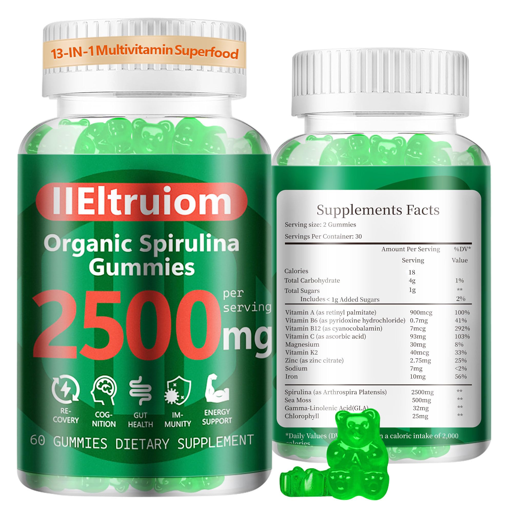 IIEltruiom Organic Blue Spirulina Chlorella Gummies bottle front for daily energy