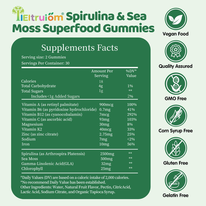 IIEltruiom Gummies ingredients label highlights vegan greens and clean sourcing