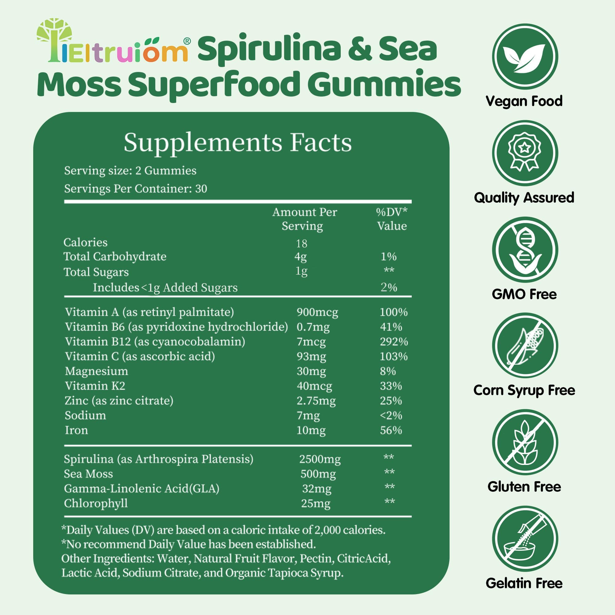 IIEltruiom Spirulina Gummies ingredients visual with sea moss and chlorophyll