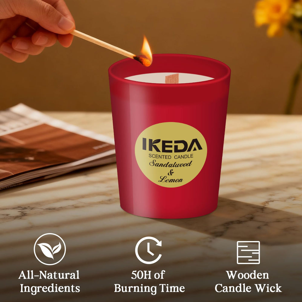 Ikeda Essoil natural soy-wax candle provides a clean burn.