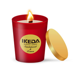 Ikeda Essoil sandalwood-lemon candle in jar with calming aroma.