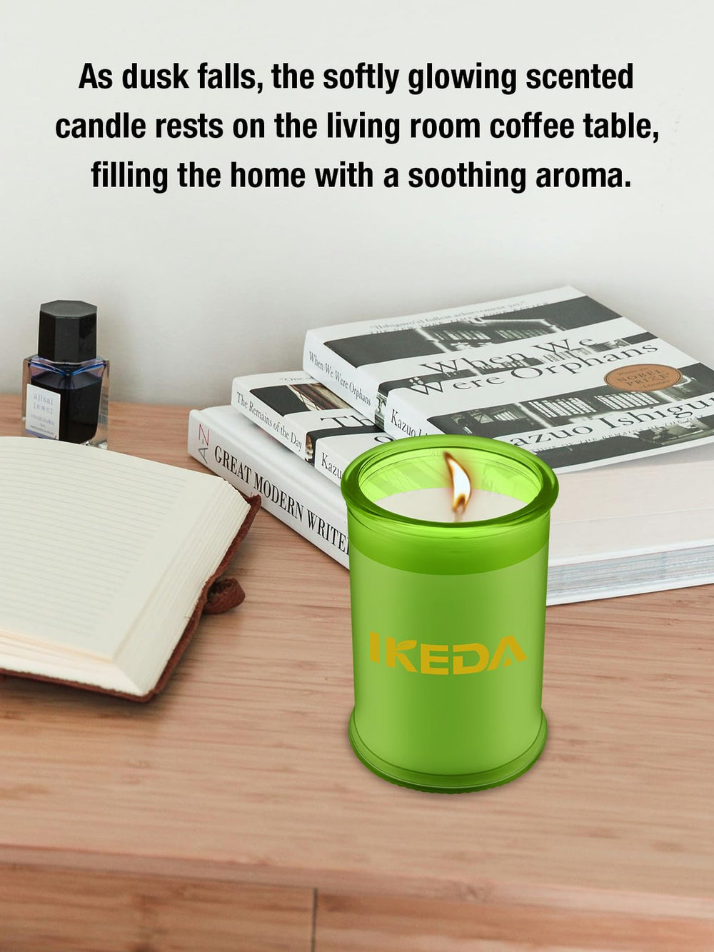 Ikeda Citrus Tea candle on a stylish table elevating decor and mood.