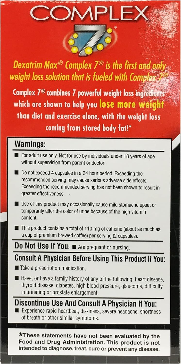 ILIOS Dexatrim Max Complex-7 label close-up highlights seven-ingredient formula.