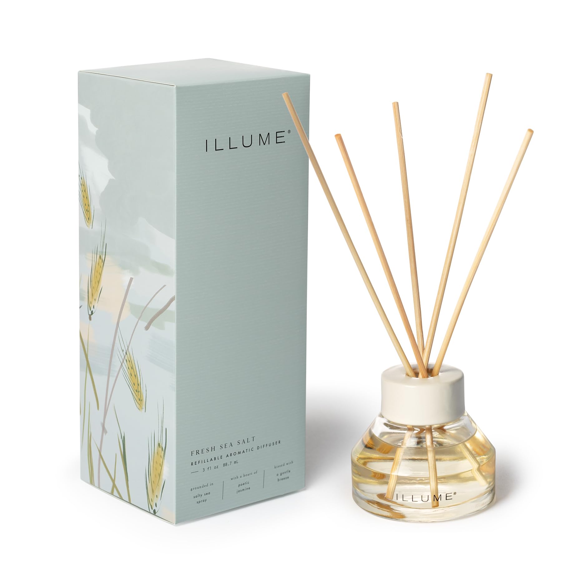 Illume Fresh Sea Salt diffuser bottle showing oceanic notes for a calming space