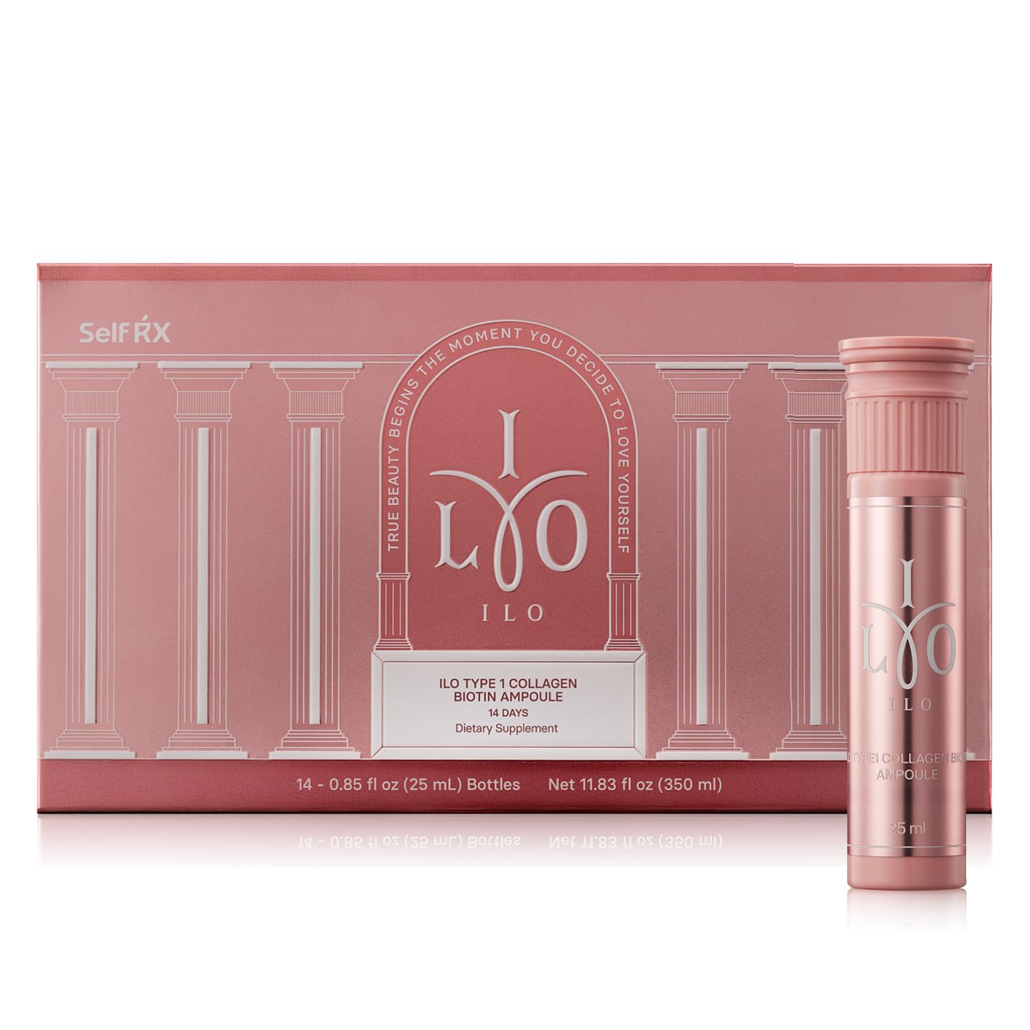 ILO Type 1 liquid collagen bottle front showing orange flavor and compact packaging.