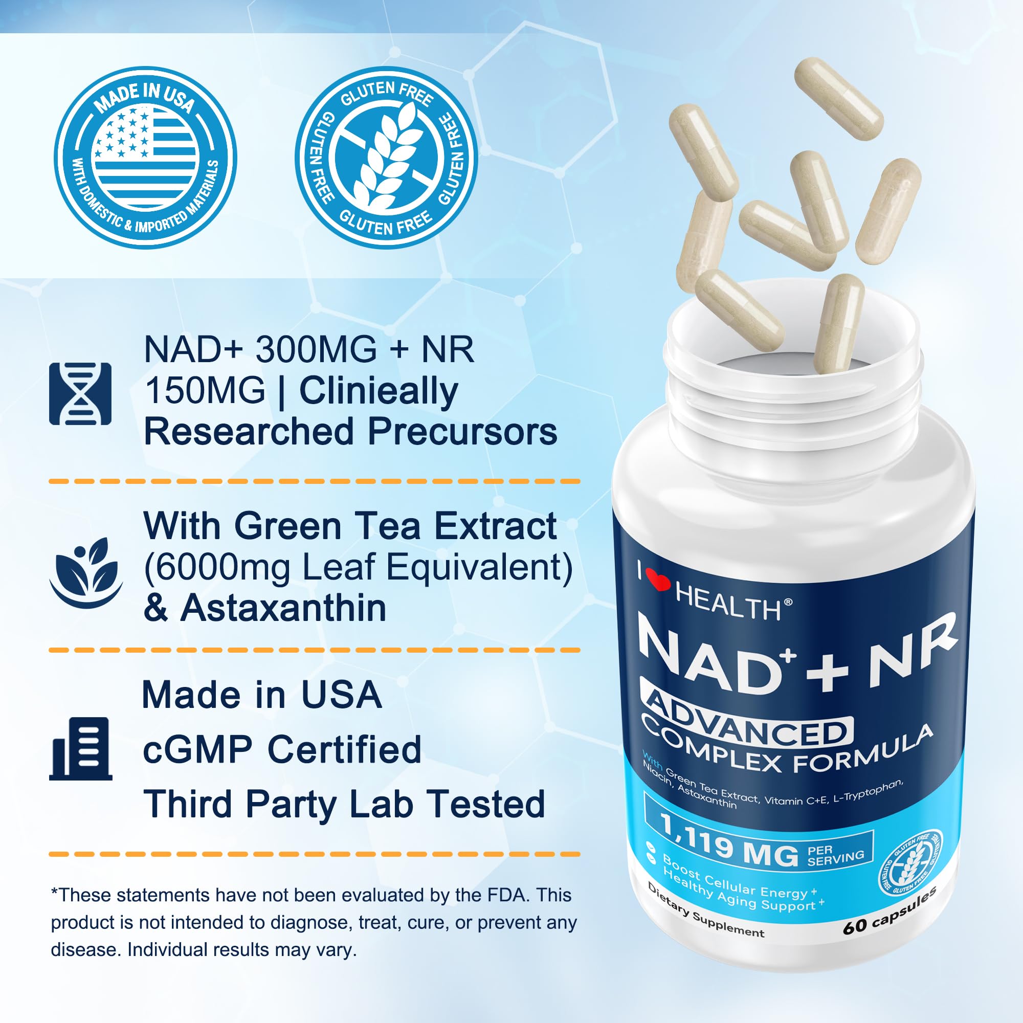 I LOVE HEALTH Capsules interior view suggests compact daily NAD plus NR intake.