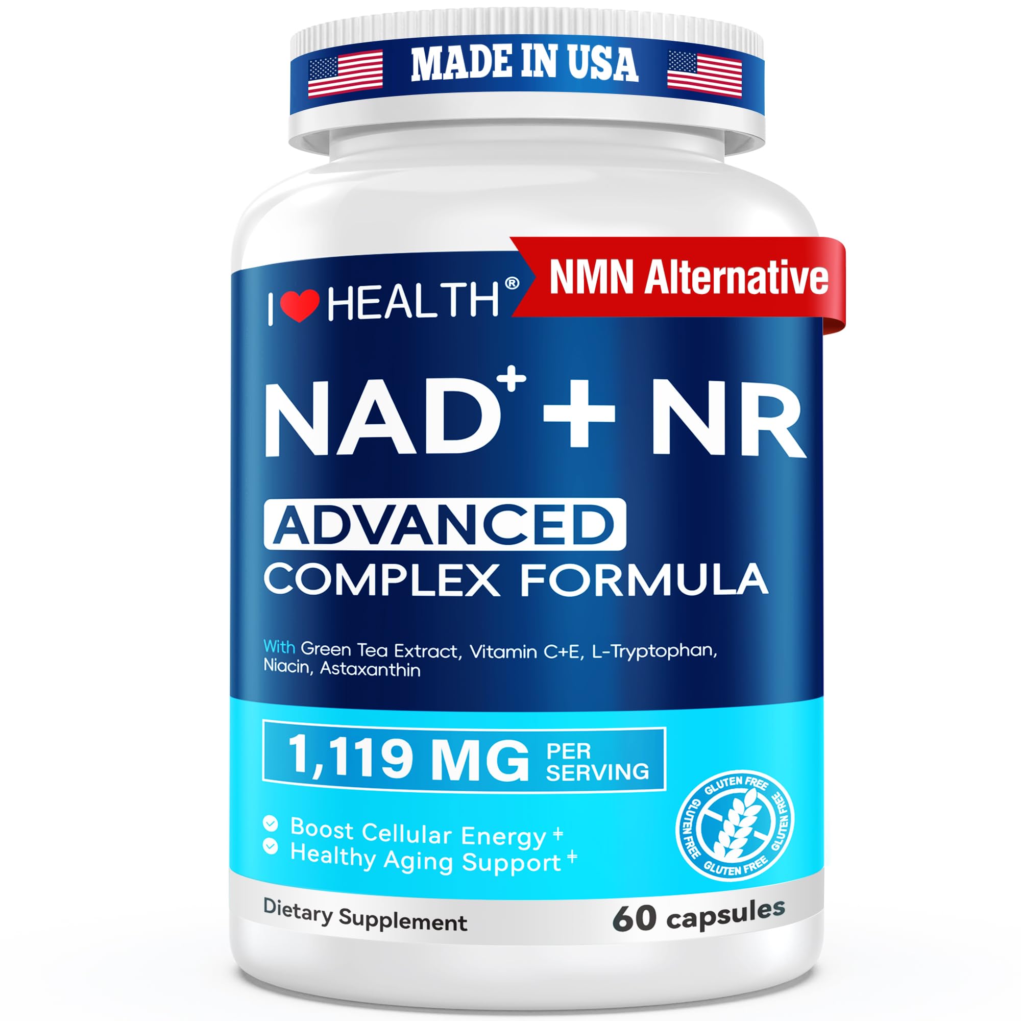 I LOVE HEALTH NAD 1119mg bottle showcases advanced cellular energy support.