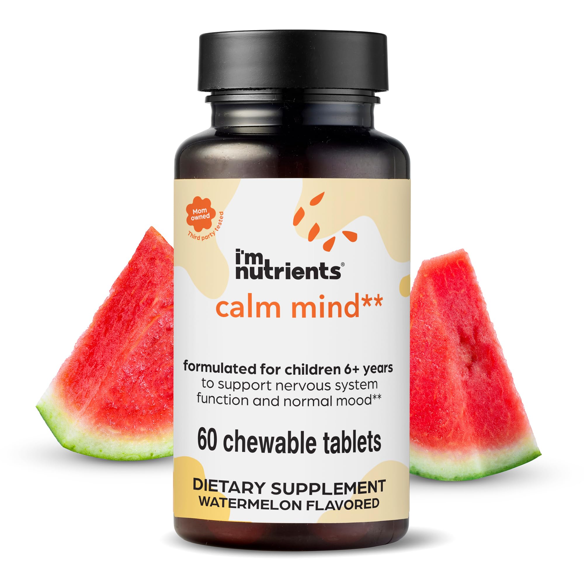 I'm Nutrients Calm Mind bottle label shown for kid-friendly daily support.