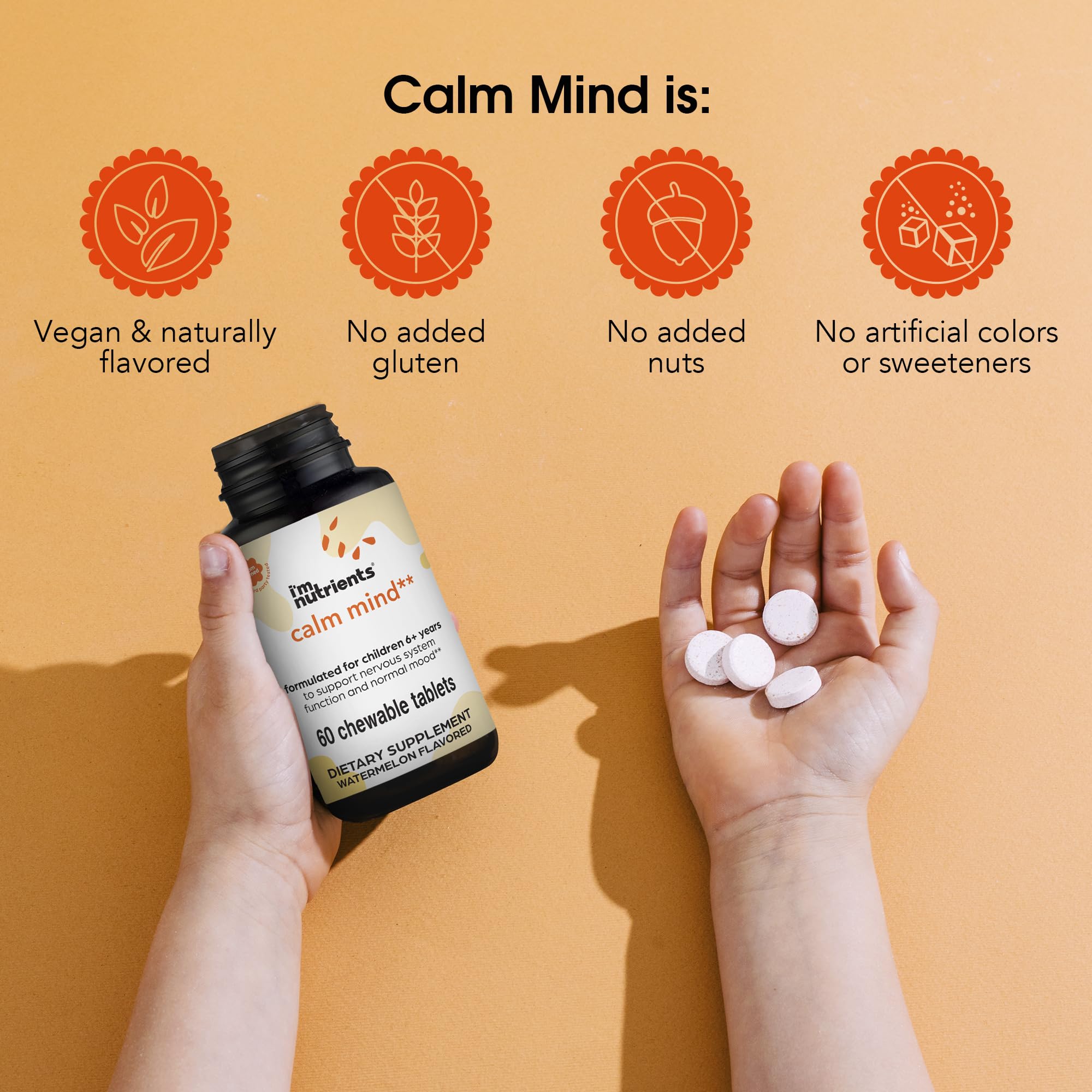 I'm Nutrients Calm Mind zinc magnesium B6 icons illustrate a balanced blend for nervous system support.