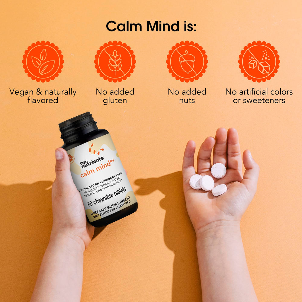 I'm Nutrients Calm Mind zinc magnesium B6 icons illustrate a balanced blend for nervous system support.