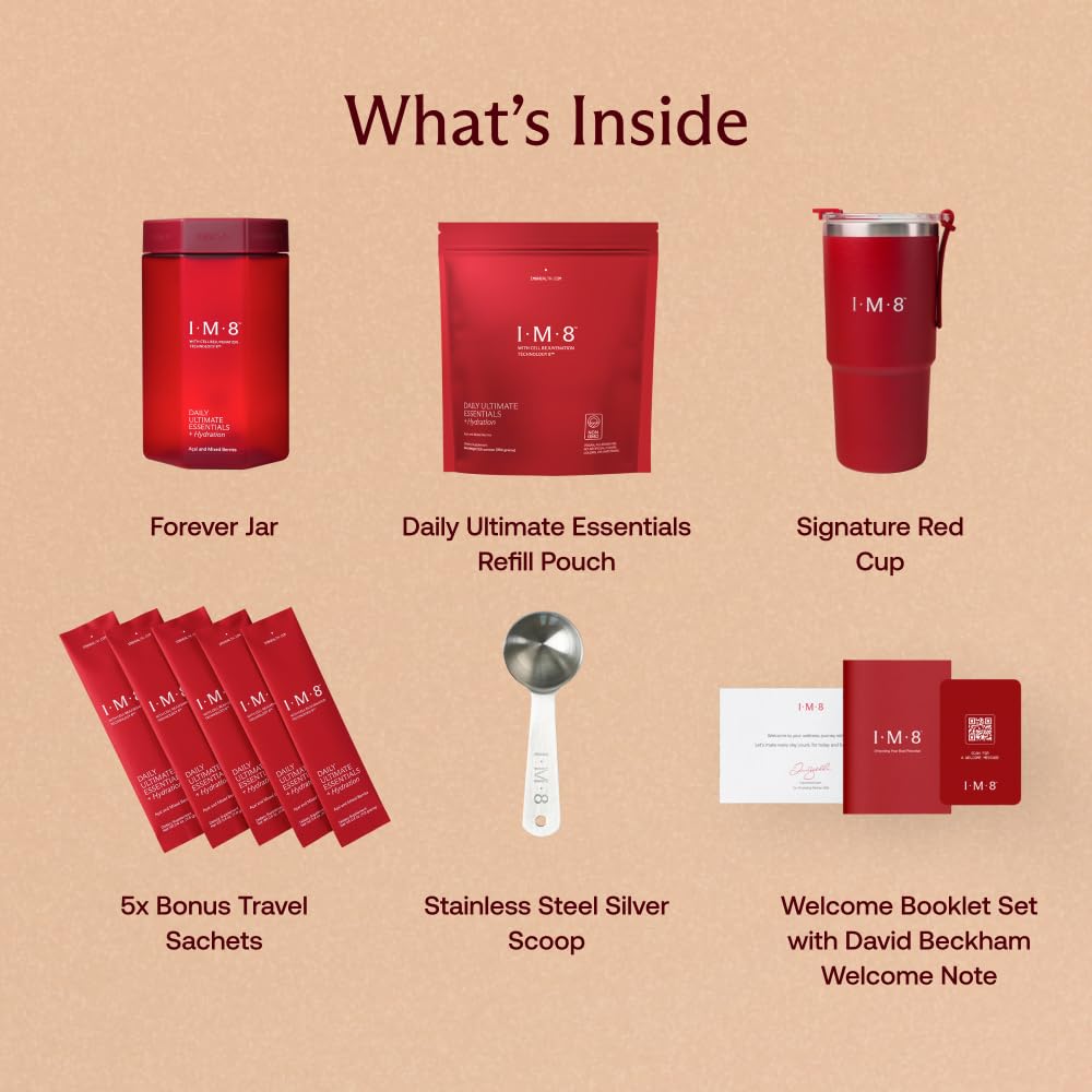 IM8 Daily Ultimate Essentials tumbler-included demonstrates convenient hydration on the go