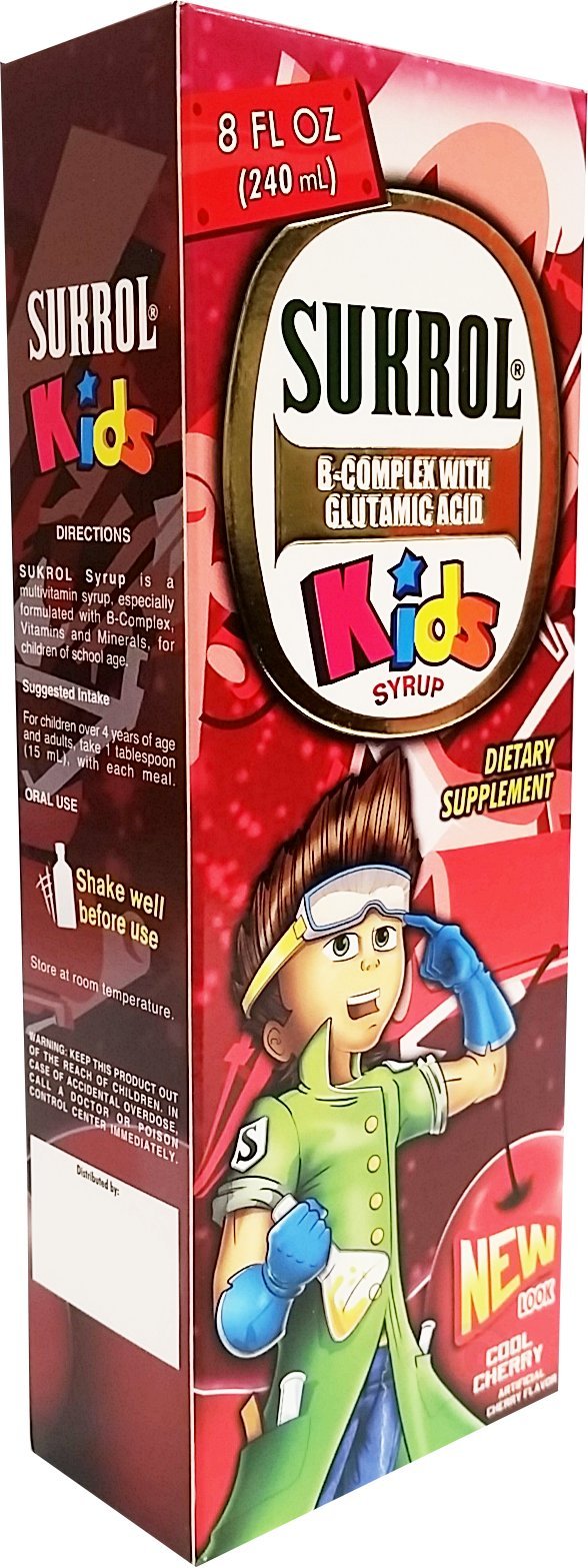 Close-up of Sukrol bottle highlighting cherry flavor and easy-to-take tablet format.
