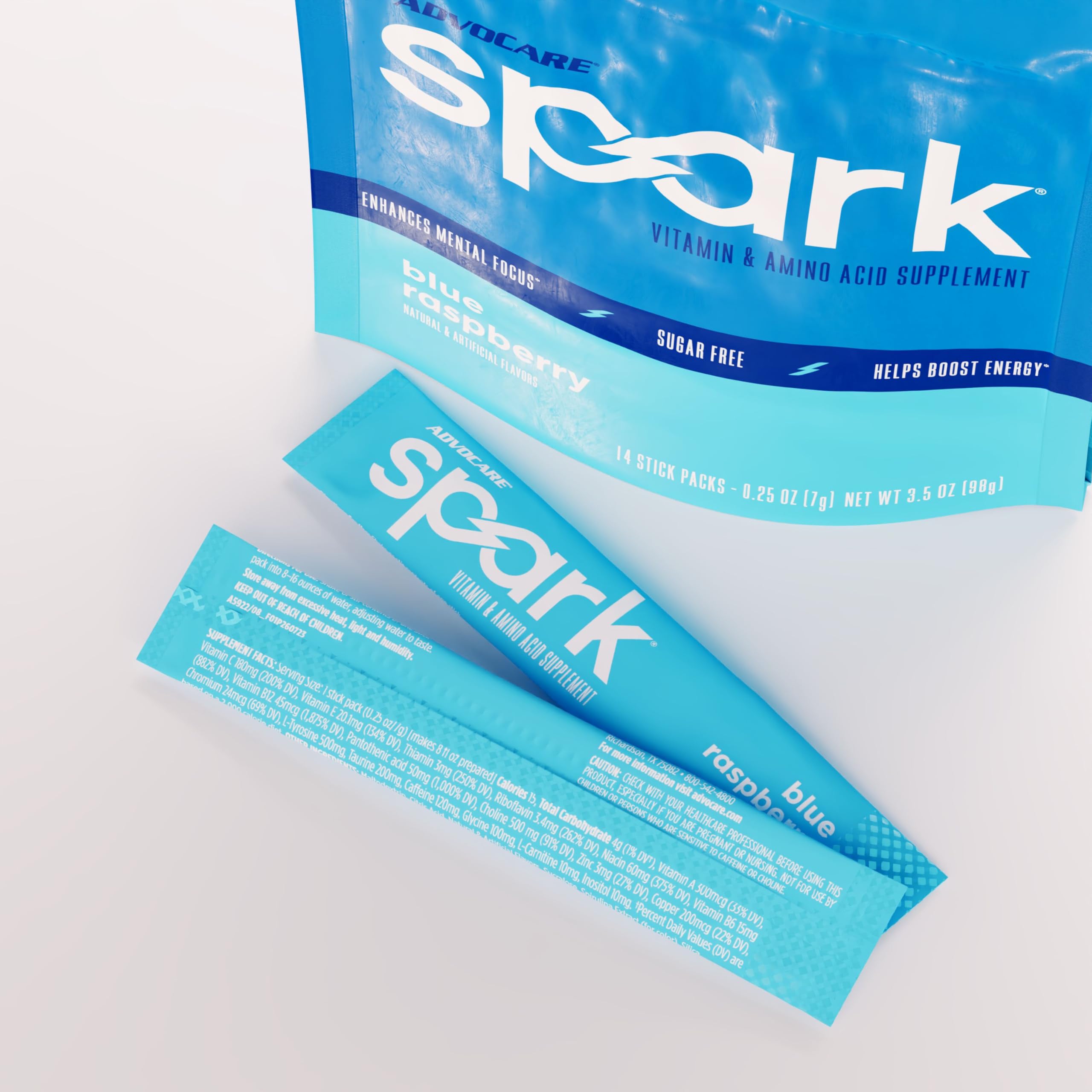 AdvoCare Spark Blue Raspberry – Vitamin & Amino Acid Energy Drink Mix (14 Stick Packs) | 120 mg Caffeine, L-Carnitine & L-Tyrosine