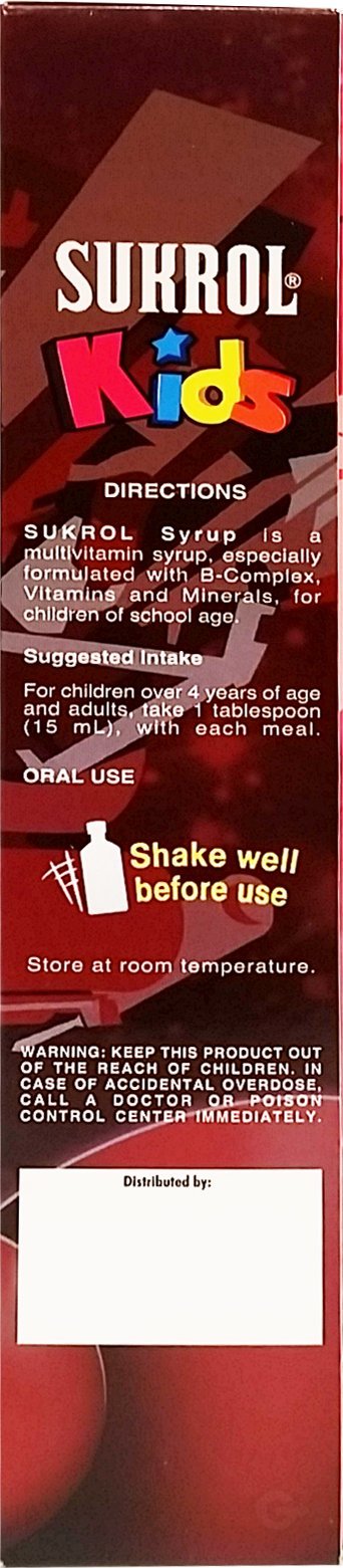 Nutrition facts panel and container for Sukrol Cherry Flavor Dietary Supplement.